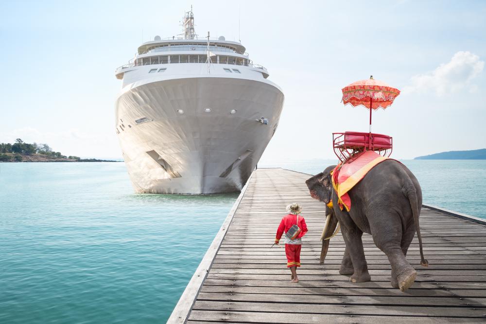 Ship with elephant walking towards it
