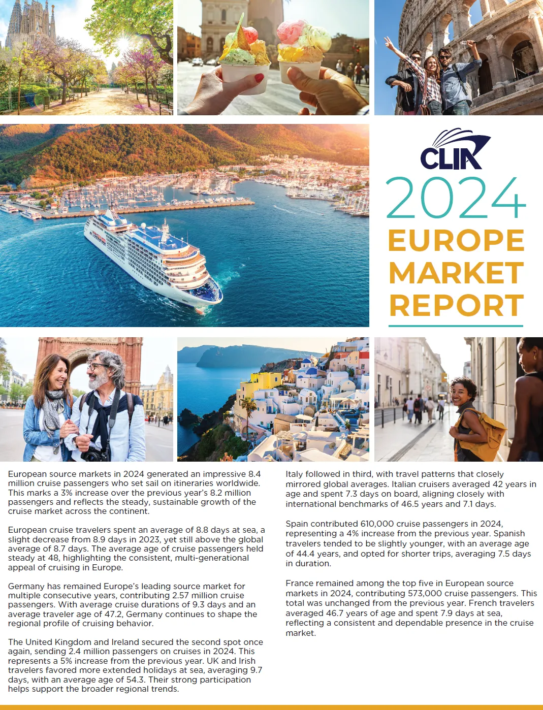 2024 Europe Source Passenger Report [Image of the cover of the report, featuring smiling cruise guests, and European-centric attractions & scenery]